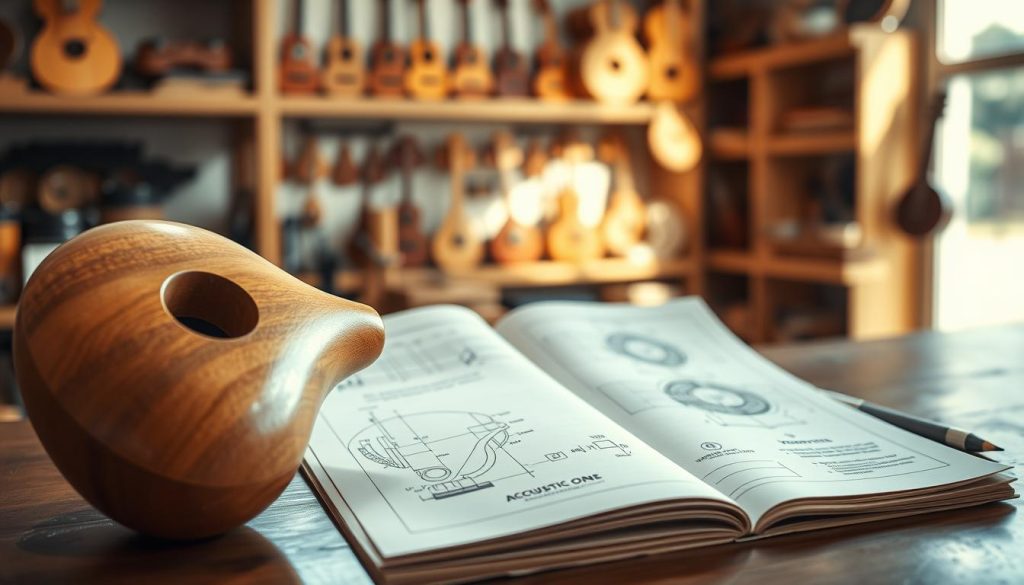 A beautifully crafted wooden ocarina, showcasing elegant curves and a smooth finish, is prominently displayed in the foreground. The ocarina features visible finger holes and a polished surface reflecting soft ambient light, highlighting its natural wood grain. In the middle ground, an engineer’s schematic lies open, showing detailed acoustic dimensions and mechanics related to sound production. Gentle light spills in from a nearby window, creating a warm and inviting atmosphere that emphasizes the instrument's craftsmanship. The background is softly blurred, depicting shelves filled with various ocarinas and musical instruments, suggesting a workshop setting. The composition conveys a sense of exploration and appreciation for the acoustic and mechanical functions of this instrument, inviting viewers to delve deeper into its unique qualities. A beautifully crafted wooden ocarina, showcasing elegant curves and a smooth finish, is prominently displayed in the foreground. The ocarina features visible finger holes and a polished surface reflecting soft ambient light, highlighting its natural wood grain. In the middle ground, an engineer’s schematic lies open, showing detailed acoustic dimensions and mechanics related to sound production. Gentle light spills in from a nearby window, creating a warm and inviting atmosphere that emphasizes the instrument's craftsmanship. The background is softly blurred, depicting shelves filled with various ocarinas and musical instruments, suggesting a workshop setting. The composition conveys a sense of exploration and appreciation for the acoustic and mechanical functions of this instrument, inviting viewers to delve deeper into its unique qualities.