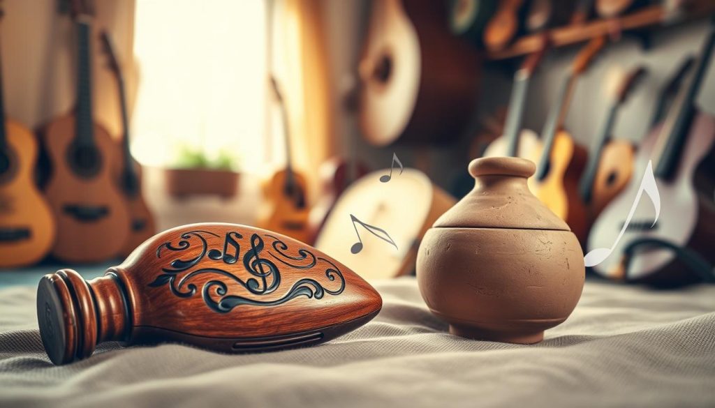 A beautifully crafted wooden ocarina sits prominently in the foreground, showcasing intricate carvings and a polished finish that reflects natural light. Beside it, a clay ocarina with a rustic texture symbolizes traditional craftsmanship, both instruments arranged on a soft, earthy fabric that hints at a musical heritage. In the middle ground, subtle musical notes seem to flow gently around the ocarinas, enhancing the thematic connection to music. The background is softly blurred, featuring a warm, sunlit room filled with musical instruments, creating an inviting and artistic atmosphere. The lighting is soft and diffused, suggesting a serene ambiance perfect for contemplation of musical choices. Capture this in a realistic style, focusing on details that highlight the beauty and uniqueness of each ocarina type.