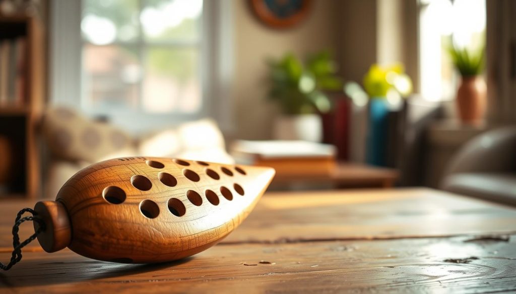 A beautifully crafted wooden ocarina with 12 holes placed prominently in the foreground, showcasing its intricate carvings and smooth finish. The ocarina should be slightly tilted to allow the viewer to see the holes clearly, highlighting the craftsmanship. In the middle ground, a rustic wooden table provides a warm, natural texture that complements the ocarina. Soft, diffused natural light filters in from a nearby window, casting gentle shadows that enhance the curves of the ocarina. In the background, blurred elements of a cozy room, such as books and a small potted plant, evoke a welcoming atmosphere. The overall mood should be peaceful and inviting, emphasizing the beauty and allure of both wooden and clay ocarinas, ideal for beginners.
