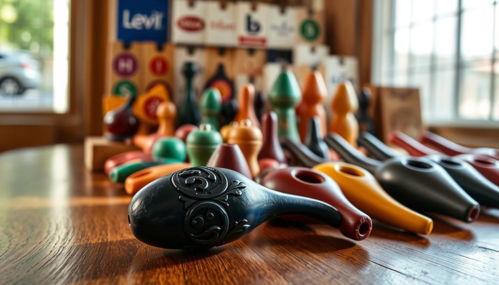 A collection of exquisite, handcrafted clay ocarinas displayed elegantly on a wooden table, emphasizing their unique designs and craftsmanship. The foreground features a polished, deep blue ocarina, intricately engraved, alongside a vibrant green one with a matte finish. In the middle, a soft focus on various shapes and colors of ocarinas, highlighting their artistic variations and cultural influences. The background contains a subtle, blurred display of ocarina packaging with recognizable brand logos, giving an authentic touch. Natural daylight filters through a nearby window, casting soft shadows and creating a warm, inviting atmosphere. The composition captures a sense of quality and authenticity, perfect for showcasing renowned brands in the world of musical instruments.