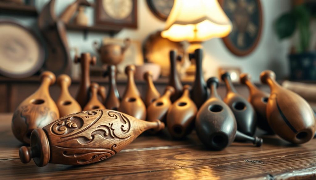 A collection of various wooden ocarinas displayed on a rustic wooden table, with a focus on intricate carvings and natural wood grain patterns. In the foreground, a close-up of a beautifully crafted ocarina with an elegant design, showcasing its craftsmanship. The middle ground features other ocarinas arranged artfully, highlighting different shapes and sizes, emphasizing their artistic diversity. In the background, a softly blurred scene of a cozy music room with warm lighting from an antique lamp, enhancing the inviting atmosphere. The overall mood is warm and nostalgic, evoking a sense of artisanal quality and care in craftsmanship, appealing to those considering an online purchase. The angle is slightly elevated to capture depth and detail in the ocarinas without any text or distractions. A collection of various wooden ocarinas displayed on a rustic wooden table, with a focus on intricate carvings and natural wood grain patterns. In the foreground, a close-up of a beautifully crafted ocarina with an elegant design, showcasing its craftsmanship. The middle ground features other ocarinas arranged artfully, highlighting different shapes and sizes, emphasizing their artistic diversity. In the background, a softly blurred scene of a cozy music room with warm lighting from an antique lamp, enhancing the inviting atmosphere. The overall mood is warm and nostalgic, evoking a sense of artisanal quality and care in craftsmanship, appealing to those considering an online purchase. The angle is slightly elevated to capture depth and detail in the ocarinas without any text or distractions.