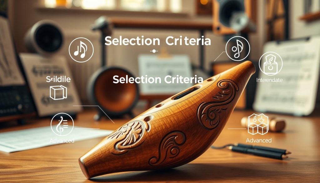 A well-crafted wooden ocarina surrounded by various selection criteria elements. In the foreground, showcase the ocarina with intricate carvings, highlighting its smooth texture and craftsmanship. In the middle, include visual representations of selection criteria such as skill levels (beginner, intermediate, advanced) with corresponding icons or symbols. The background features a soft-focus music studio setting, with hints of sheet music and musical notes to create an inviting atmosphere for musicians. Use warm, natural lighting to emphasize the wood tones and evoke a sense of warmth and creativity. The angle should be slightly elevated, providing a dynamic view of the ocarina while ensuring the criteria elements are clearly visible and engaging. A well-crafted wooden ocarina surrounded by various selection criteria elements. In the foreground, showcase the ocarina with intricate carvings, highlighting its smooth texture and craftsmanship. In the middle, include visual representations of selection criteria such as skill levels (beginner, intermediate, advanced) with corresponding icons or symbols. The background features a soft-focus music studio setting, with hints of sheet music and musical notes to create an inviting atmosphere for musicians. Use warm, natural lighting to emphasize the wood tones and evoke a sense of warmth and creativity. The angle should be slightly elevated, providing a dynamic view of the ocarina while ensuring the criteria elements are clearly visible and engaging.
