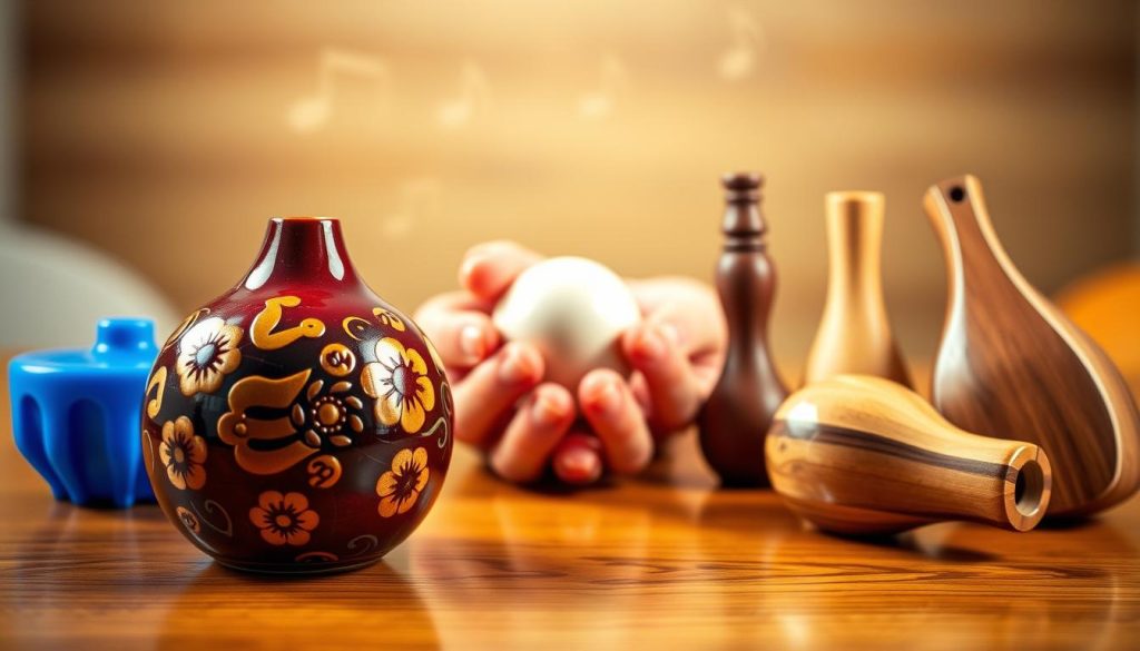 A beautifully arranged collection of different ocarina styles on a warm wooden table, showcasing their variety in shape, size, and color. In the foreground, a glossy ceramic ocarina with intricate floral designs sits prominently. To the left, a more compact plastic ocarina in bright blue, and on the right, a polished wooden ocarina with a natural finish. In the middle ground, a pair of hands gently holding a spherical ocarina, fingers positioned for playing. The background features soft, out-of-focus musical notes subtly drifting upwards, suggesting a light, musical atmosphere. Soft, natural lighting imbues the scene with warmth, capturing the beauty and craftsmanship of these instruments. The camera angle is slightly elevated, providing a clear view of the ocarinas while maintaining a cozy, inviting mood.