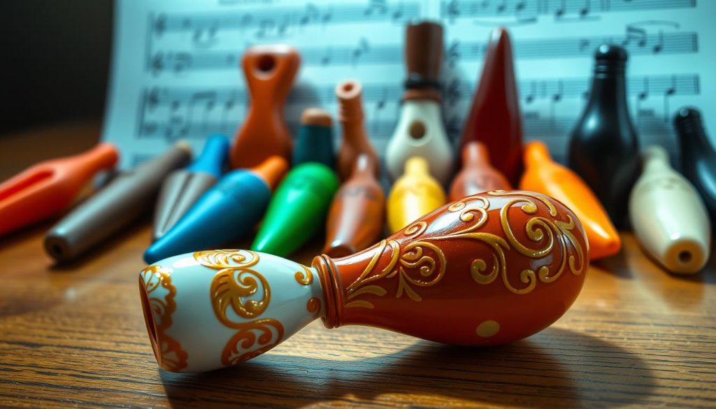 A beautifully arranged collection of various ocarinas, showcasing different shapes and colors, prominently displayed on a wooden surface. In the foreground, a glossy ceramic ocarina with intricate designs glimmers under soft, natural lighting, highlighting its craftsmanship. In the middle ground, several other ocarinas—some made of clay and others of plastic—are thoughtfully placed, representing popular brands for beginner players. The background features a softly blurred music sheet, hinting at the ocarina's musical purpose. The scene is warm and inviting, evoking a sense of creativity and exploration for young musicians. The angle is slightly elevated, capturing the detail of each ocarina while allowing the overall collection to shine. A beautifully arranged collection of various ocarinas, showcasing different shapes and colors, prominently displayed on a wooden surface. In the foreground, a glossy ceramic ocarina with intricate designs glimmers under soft, natural lighting, highlighting its craftsmanship. In the middle ground, several other ocarinas—some made of clay and others of plastic—are thoughtfully placed, representing popular brands for beginner players. The background features a softly blurred music sheet, hinting at the ocarina's musical purpose. The scene is warm and inviting, evoking a sense of creativity and exploration for young musicians. The angle is slightly elevated, capturing the detail of each ocarina while allowing the overall collection to shine.