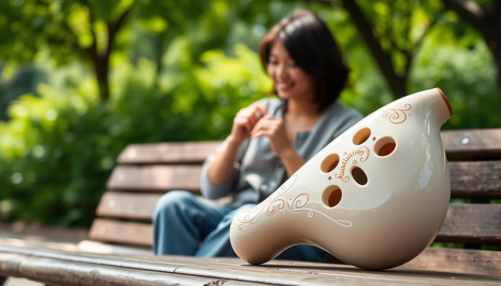 A beautifully crafted 10-hole ocarina with a traversier design, prominently displayed in the foreground. The ocarina should showcase its elegant curves and smooth surface, with intricate patterns etched into the ceramic to highlight craftsmanship. Soft, diffused lighting gently illuminates the ocarina, casting light reflections that enhance its glossy finish. In the middle ground, a person in modest casual clothing sits on a rustic wooden bench, playing the ocarina with a joyful expression, surrounded by lush green foliage. The background features a serene park scene, blurred slightly to emphasize the foreground. The atmosphere conveys a sense of ease and accessibility, highlighting the ocarina's user-friendly design ideal for beginners. A beautifully crafted 10-hole ocarina with a traversier design, prominently displayed in the foreground. The ocarina should showcase its elegant curves and smooth surface, with intricate patterns etched into the ceramic to highlight craftsmanship. Soft, diffused lighting gently illuminates the ocarina, casting light reflections that enhance its glossy finish. In the middle ground, a person in modest casual clothing sits on a rustic wooden bench, playing the ocarina with a joyful expression, surrounded by lush green foliage. The background features a serene park scene, blurred slightly to emphasize the foreground. The atmosphere conveys a sense of ease and accessibility, highlighting the ocarina's user-friendly design ideal for beginners.