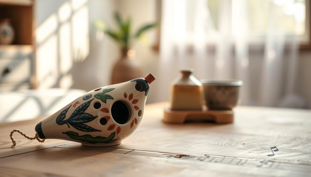 A beautifully crafted ceramic ocarina sits prominently in the foreground, showcasing its intricate hand-painted designs featuring nature motifs and vibrant glazes. The ocarina is slightly angled to reveal its unique shape and sound holes, catching the soft glow of ambient light. In the middle ground, a textured wooden table adds warmth to the scene, hinting at traditional craftsmanship. The background is softly blurred, suggesting a cozy, sunlit room filled with musical notes gently fluttering in the air, enhancing the tranquil atmosphere. Natural lighting filters through a nearby window, creating subtle shadows and highlights on the ocarina's surface, suggesting the connection between material and sound. The overall mood is inviting and contemplative, perfect for illustrating the significance of material choice in practice.
