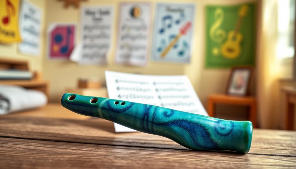 A beautifully crafted ocarina, featuring a vibrant glaze in shades of blue and green, sits prominently in the foreground on a textured wooden surface. The ocarina’s smooth curves and intricate finger holes are clearly visible, showcasing its craftsmanship and inviting touch. In the middle ground, softly blurred music sheets hint at beginner-friendly melodies, suggesting a gentle learning experience. The background consists of a warm, softly lit room with hints of colorful posters depicting music notes and instruments, creating an encouraging atmosphere for young musicians. Delicate, natural light streams in through a nearby window, casting a soft glow that enhances the inviting mood of playfulness and discovery, perfect for a child's introduction to music. A beautifully crafted ocarina, featuring a vibrant glaze in shades of blue and green, sits prominently in the foreground on a textured wooden surface. The ocarina’s smooth curves and intricate finger holes are clearly visible, showcasing its craftsmanship and inviting touch. In the middle ground, softly blurred music sheets hint at beginner-friendly melodies, suggesting a gentle learning experience. The background consists of a warm, softly lit room with hints of colorful posters depicting music notes and instruments, creating an encouraging atmosphere for young musicians. Delicate, natural light streams in through a nearby window, casting a soft glow that enhances the inviting mood of playfulness and discovery, perfect for a child's introduction to music.