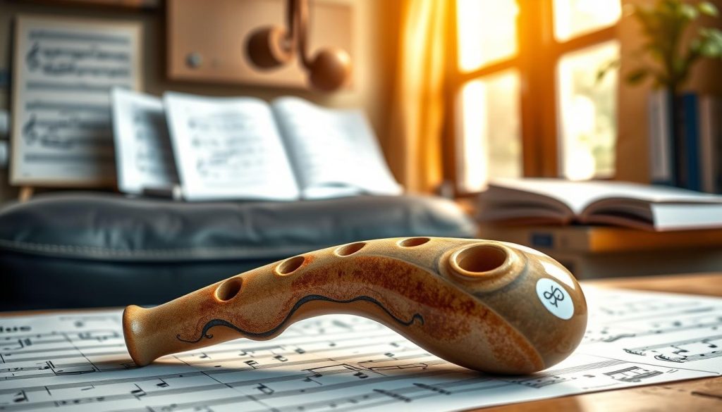 A beautifully crafted ocarina instrument, showcasing its intricate details, placed prominently in the foreground. The ocarina, made from smooth ceramic with a glossy finish, features several finger holes and an elegantly curved shape, reflecting a warm, earthy palette of blues and browns. In the middle ground, a softly blurred background of a cozy room filled with musical notes, sheet music, and a few books on music theory enhances the focus on the instrument. Warm, natural lighting filters through a nearby window, casting gentle shadows that add depth. A calm and inviting atmosphere prevails, evoking a sense of appreciation for the rich history and craftsmanship of this ancient wind instrument. Captured from a slight angle to emphasize its form and texture, the image hints at the instrument's melodic potential without any text or distractions.