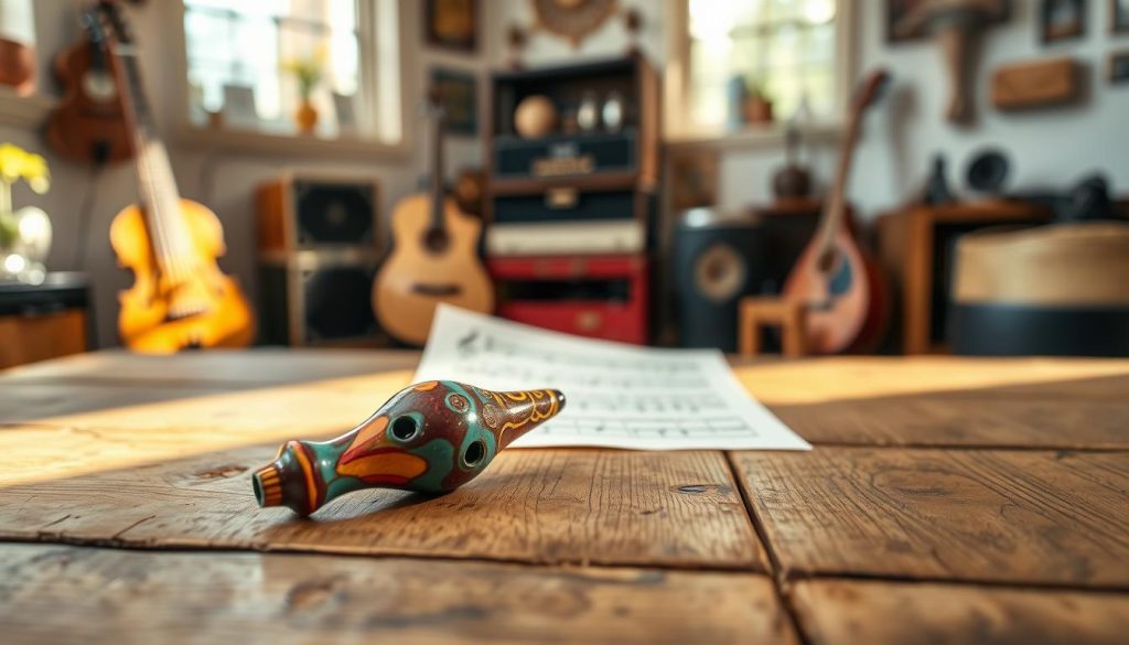 A beautifully crafted ocarina prominently displayed in the foreground, showcasing its intricate designs and colorful glaze. The ocarina sits atop a rustic wooden table, with a soft natural light illuminating it from the side, casting gentle shadows that highlight its curves. In the middle ground, a blurred-out music sheet lays scattered, hinting at the musical journey ahead. The background features a warm, inviting room filled with musical instruments and decor, creating a cozy atmosphere. This scene evokes a sense of excitement and wonder, perfect for beginners exploring their first ocarina purchase. The overall mood is inspiring and hopeful, encouraging one to choose wisely.