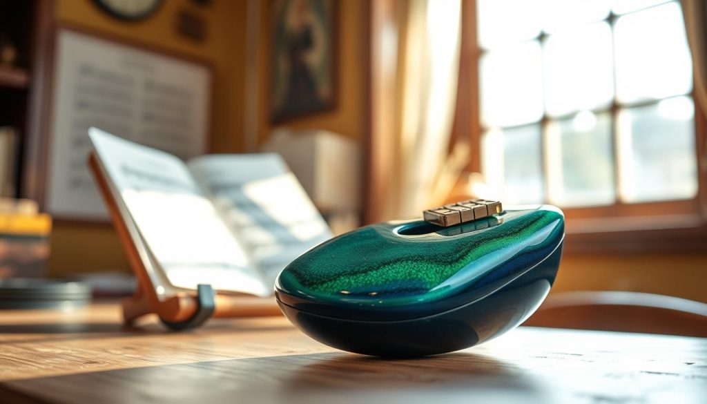 A beautifully crafted tessiture ocarina instrument showcased in a serene setting. The foreground features the ocarina, intricately detailed with smooth curves and a glossy finish, evoking a sense of artistry. Its vibrant glazes shift between deep blue and emerald green, reflecting the light. In the middle ground, a softly blurred wooden music stand holds sheet music, hinting at practice sessions. The background includes a warm, rustic room bathed in soft, golden sunlight filtering through a window, casting gentle shadows that enhance the cozy atmosphere. The scene is captured with a shallow depth of field, focusing on the ocarina to emphasize its importance, while creating a welcoming and inspiring mood for musicians and enthusiasts alike. A beautifully crafted tessiture ocarina instrument showcased in a serene setting. The foreground features the ocarina, intricately detailed with smooth curves and a glossy finish, evoking a sense of artistry. Its vibrant glazes shift between deep blue and emerald green, reflecting the light. In the middle ground, a softly blurred wooden music stand holds sheet music, hinting at practice sessions. The background includes a warm, rustic room bathed in soft, golden sunlight filtering through a window, casting gentle shadows that enhance the cozy atmosphere. The scene is captured with a shallow depth of field, focusing on the ocarina to emphasize its importance, while creating a welcoming and inspiring mood for musicians and enthusiasts alike.