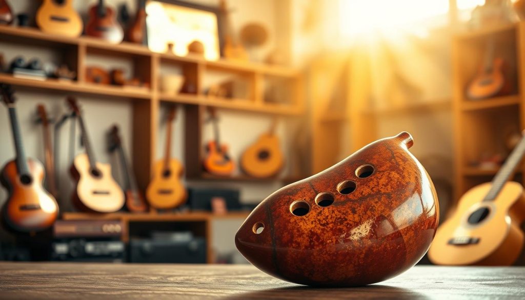A beautifully detailed depiction of an ocarina, showcasing its unique shape and intricate finger holes, placed prominently in the foreground. The ocarina should be crafted from a rich, earthy ceramic, capturing the texture and glaze patterns that reflect natural light. In the middle ground, a soft-focus background of a serene music studio with wooden shelves filled with various musical instruments enhances the atmosphere. The lighting is warm and inviting, with beams of golden sunlight filtering through a window, creating a gentle glow around the ocarina. The mood is calm and inspiring, emphasizing the beauty and artistry of this wind instrument, inviting viewers to explore its functionality and charm. A beautifully detailed depiction of an ocarina, showcasing its unique shape and intricate finger holes, placed prominently in the foreground. The ocarina should be crafted from a rich, earthy ceramic, capturing the texture and glaze patterns that reflect natural light. In the middle ground, a soft-focus background of a serene music studio with wooden shelves filled with various musical instruments enhances the atmosphere. The lighting is warm and inviting, with beams of golden sunlight filtering through a window, creating a gentle glow around the ocarina. The mood is calm and inspiring, emphasizing the beauty and artistry of this wind instrument, inviting viewers to explore its functionality and charm.