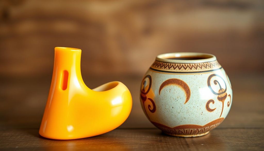 A detailed comparative image of plastic and ceramic ocarinas, showcasing two distinct models side by side. The plastic ocarina should be bright, glossy, and colorful, positioned prominently in the foreground, with a smooth, modern design. The ceramic ocarina, more traditional, should have an intricate glaze with earthy tones, displaying hand-painted patterns. In the middle ground, display soft, natural lighting that highlights the textures of both materials. Set against a serene background of a wooden table, adding gentle bokeh effects to emphasize the focus on the instruments. The overall atmosphere should be inviting and educational, perfect for illustrating material differences in a child-friendly context. A detailed comparative image of plastic and ceramic ocarinas, showcasing two distinct models side by side. The plastic ocarina should be bright, glossy, and colorful, positioned prominently in the foreground, with a smooth, modern design. The ceramic ocarina, more traditional, should have an intricate glaze with earthy tones, displaying hand-painted patterns. In the middle ground, display soft, natural lighting that highlights the textures of both materials. Set against a serene background of a wooden table, adding gentle bokeh effects to emphasize the focus on the instruments. The overall atmosphere should be inviting and educational, perfect for illustrating material differences in a child-friendly context.