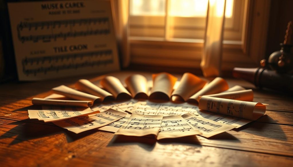An arrangement of ocarina notes displayed on a wooden tabletop, with the ocarina itself elegantly placed in the foreground, showcasing its rich texture and color. The notes, beautifully inscribed on parchment, are arranged in a circular pattern around the ocarina, hinting at the musicality and harmony of the instrument. Soft, warm lighting illuminates the scene from a nearby window, creating gentle shadows and adding depth. In the background, a faintly blurred musical scale chart can be seen, enhancing the theme of musical theory. The overall mood is serene and inviting, evoking a sense of exploration and understanding of ocarina music. The image should be well-composed, capturing the essence of this unique instrument and its notes in a visually engaging manner. An arrangement of ocarina notes displayed on a wooden tabletop, with the ocarina itself elegantly placed in the foreground, showcasing its rich texture and color. The notes, beautifully inscribed on parchment, are arranged in a circular pattern around the ocarina, hinting at the musicality and harmony of the instrument. Soft, warm lighting illuminates the scene from a nearby window, creating gentle shadows and adding depth. In the background, a faintly blurred musical scale chart can be seen, enhancing the theme of musical theory. The overall mood is serene and inviting, evoking a sense of exploration and understanding of ocarina music. The image should be well-composed, capturing the essence of this unique instrument and its notes in a visually engaging manner.